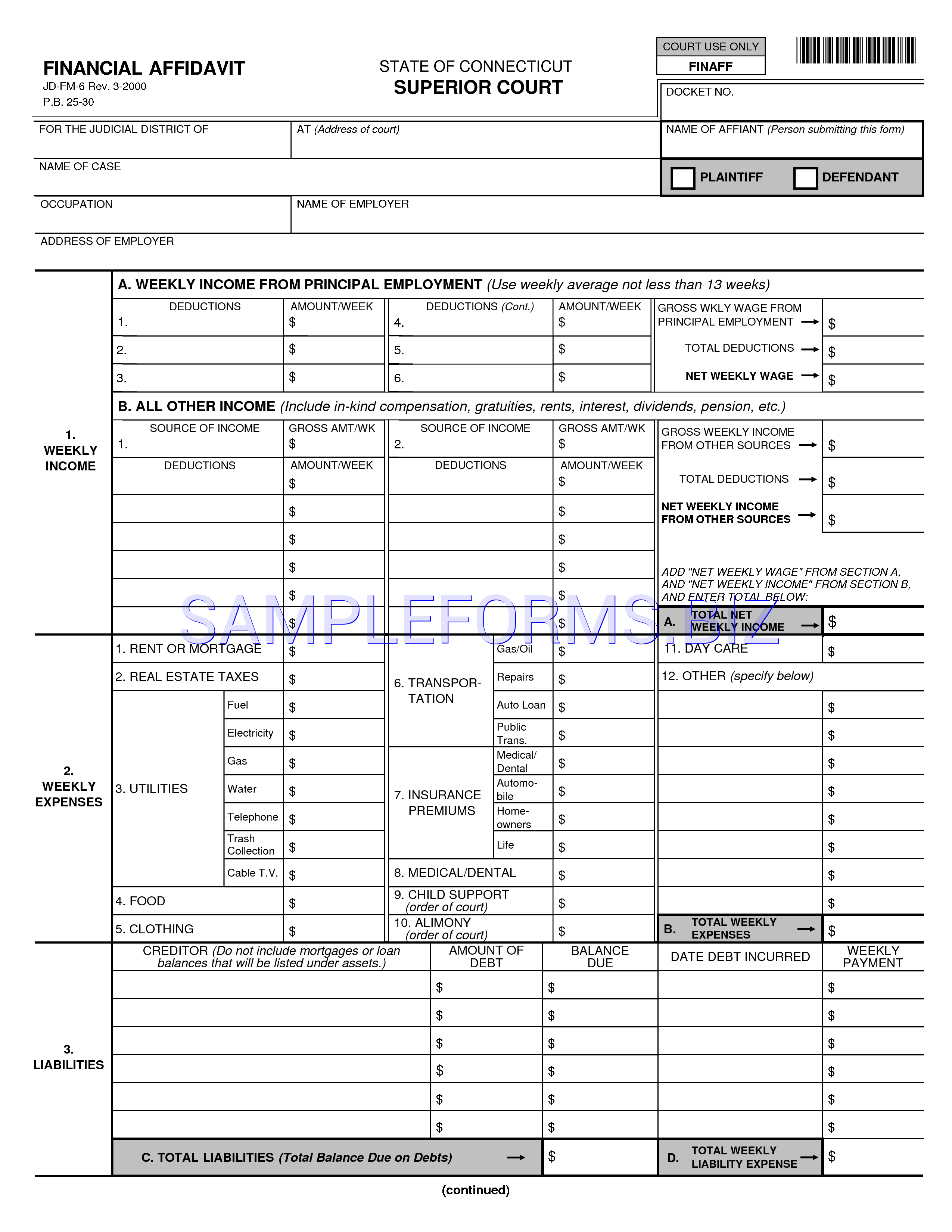 Preview free downloadable Connecticut Financial Affidavit Form in PDF (page 1)